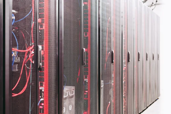 A row of server racks with perforated doors and red and blue cabling