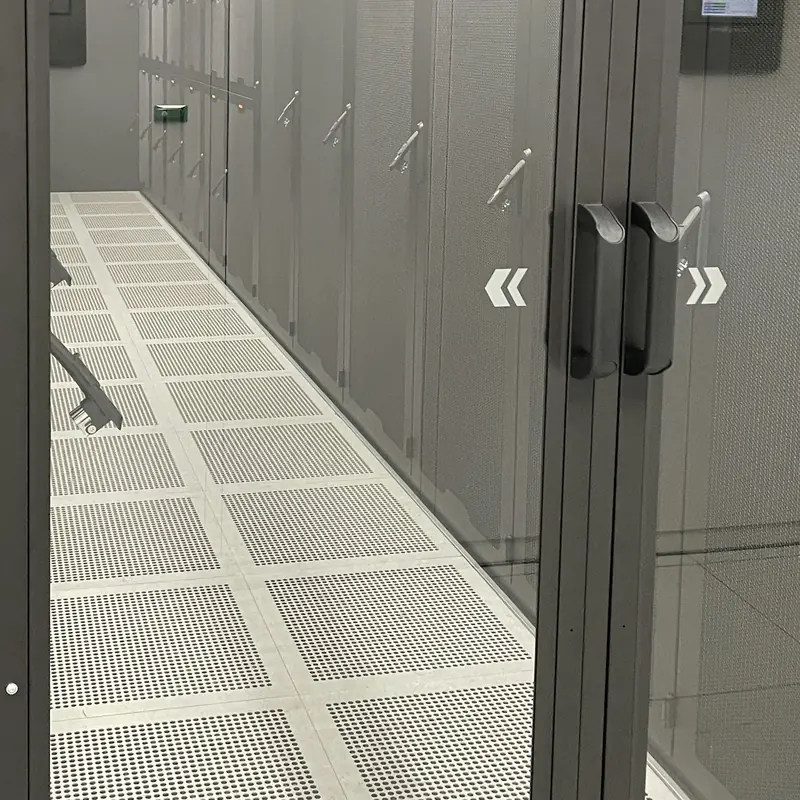 Server hall aisle with a raised perforated floor