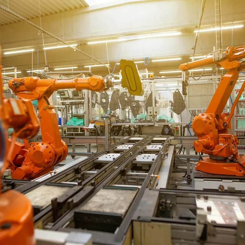 Orange industrial robots on an automated production line