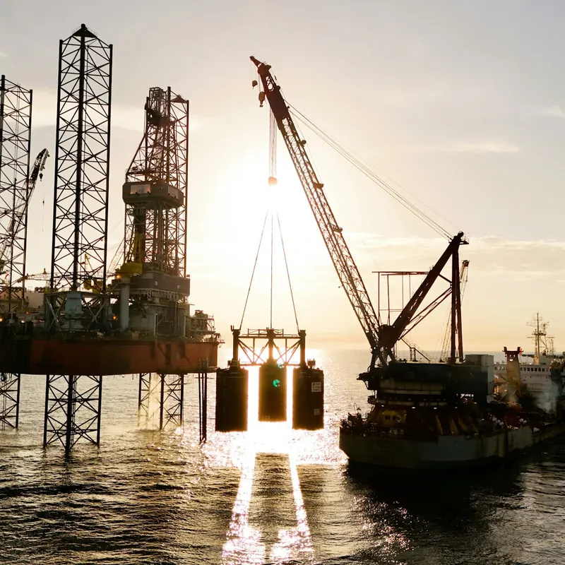 Offshore drilling platform with a crane vessel at sunset